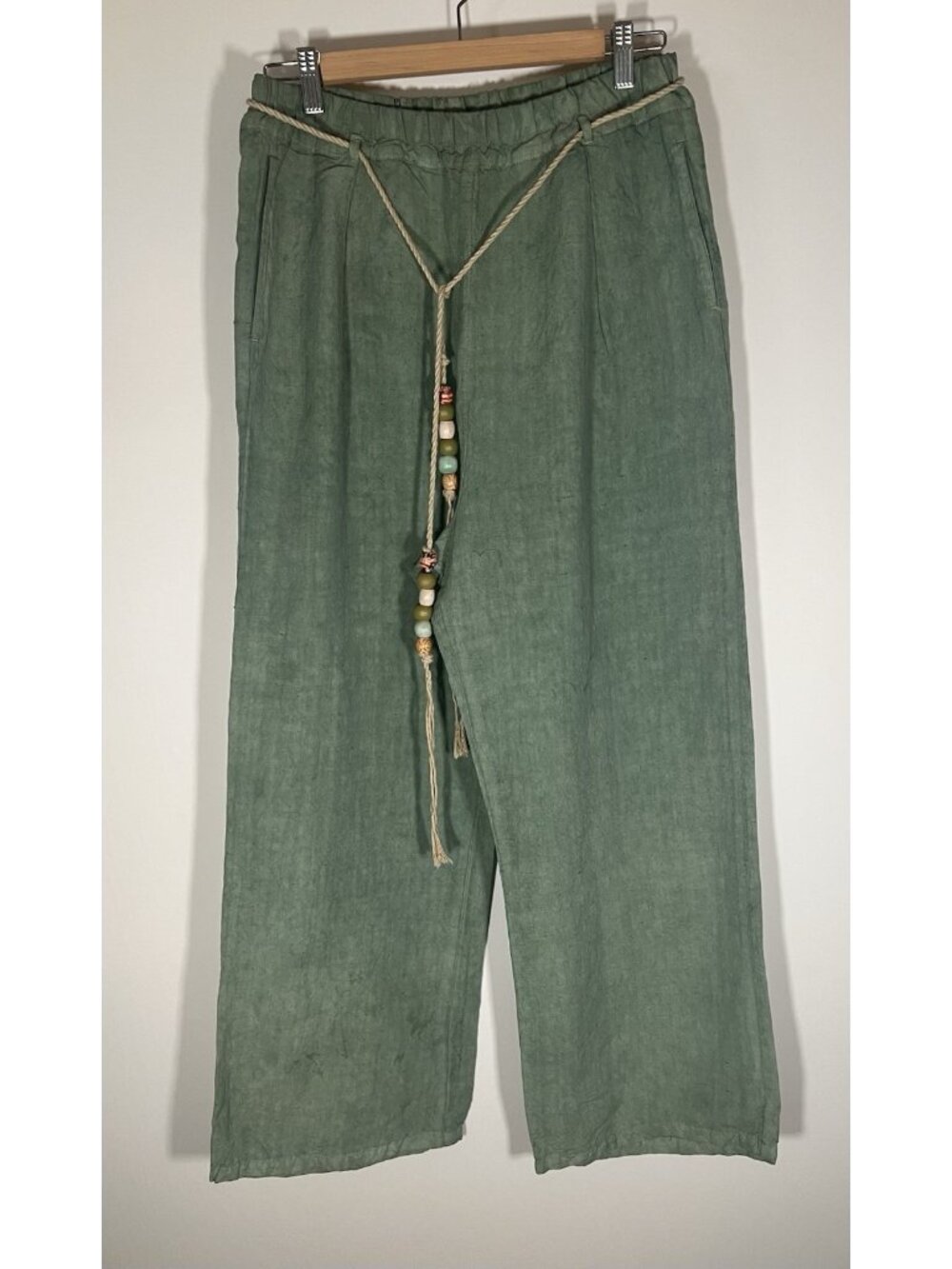 NWT Dr. Collectors P73 flare pleated wild silk and hemp green pants L California